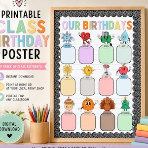 Classroom Birthday Poster | Monthly Tracker, Bulletin Board Display (Digital Download)