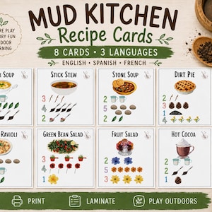Tarjetas de recetas para la cocina de barro Montessori / Material imprimible para juegos al aire libre / Actividad de juego en la naturaleza / Juego sensorial preescolar / Tarjetas de recetas imprimibles