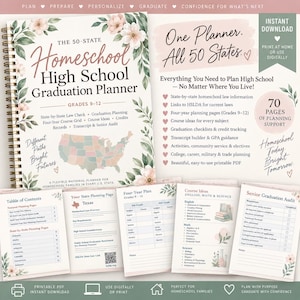May include: A spiral-bound homeschool high school graduation planner for grades 9-12 featuring a floral cover with a map of the United States. The planner includes sections for state-by-state law checks, course grids, credit tracking, and senior audits.