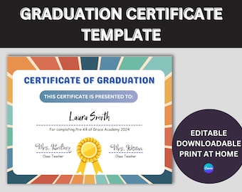 Editable Graduation Certificate Template | Kindergarten Diploma Printable | Pre-K Graduation Award | Instant Download | Print at Home