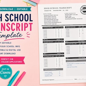 May include: A high school transcript template document with sections for student information, course grades, GPA, and cumulative summary. The document features an official seal graphic and is presented alongside stationery items on a light pink surface.