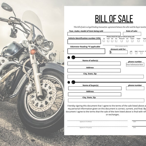 Bill of Sale for Vehicle Etsy Bill of Sale for Vehicle Etsy