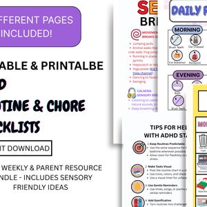 Editable ADHD Daily Routine Tracker for Kids, Children ADHD Printables, Behavior Charts, Routine Checklists, Calm Down Breathing Techniques
