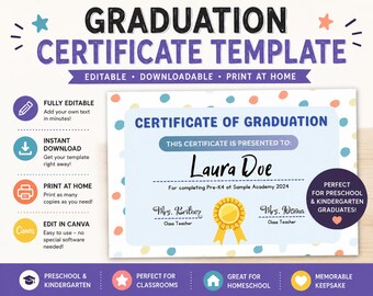 Editable Graduation Certificate Template, Preschool Kindergarten Diploma (Digital Download)