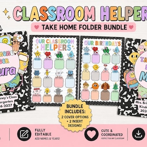 May include: A digital bundle of classroom take-home folders featuring four designs with black and white patterned backgrounds, colorful cartoon school supplies, and text including "Classroom Helpers," "Take Home Folder," and "Our Birthdays."