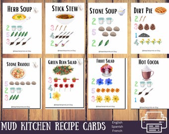 Mud Kitchen Recipe Cards, Nature Play, Outdoor Activity Preschool Printable, Sensory Play, Water Play, Mud Kitchen Accessories