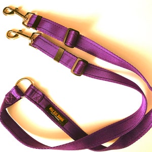 May include: Purple double dog lead with two metal clips and a metal ring. The lead has a black label with the text "Rex Eye Ranch" on it.