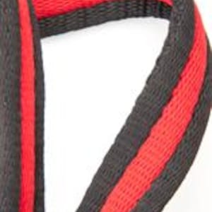 May include: Close-up of a black strap with two red stripes running down the center. The strap is made of a woven material and appears to be durable. The background is plain white, highlighting the strap's design and color contrast.