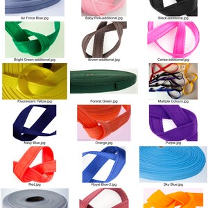 May include: A collection of different colored webbing straps, each shown in a close-up image. The straps are made of a woven nylon material and are available in a variety of colors, including black, white, red, blue, green, yellow, orange, purple, and pink.