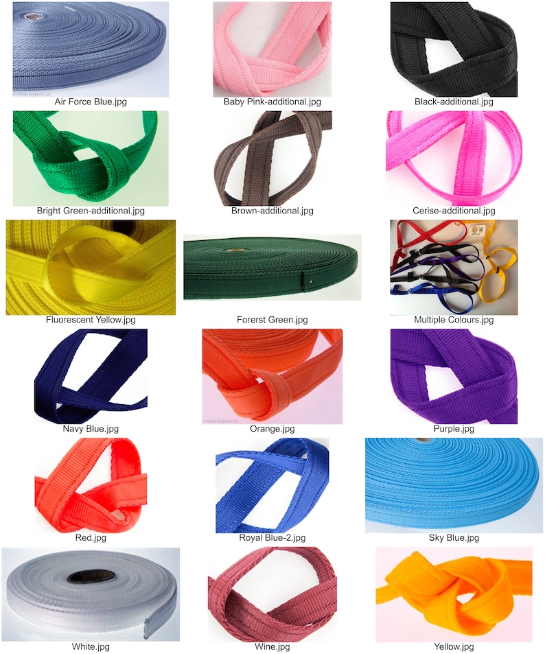 May include: A collection of different colored webbing straps, each shown in a close-up image. The straps are made of a woven nylon material and are available in a variety of colors, including black, white, red, blue, green, yellow, orange, purple, and pink.