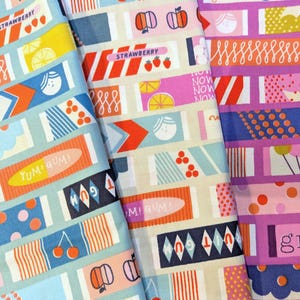 Fruit dots Bubble Gum  by Melody Miller  Retired Cotton + Steel  - 3 colourways blue, pink and gray - Ruby Star OOP and HTF