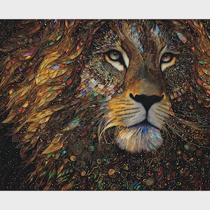 May include: A detailed artwork of a lion's face, featuring a mosaic-like mane in warm tones of gold, brown, and orange, with accents of blue and green. The lion's eyes are detailed. The artwork has a close-up perspective.