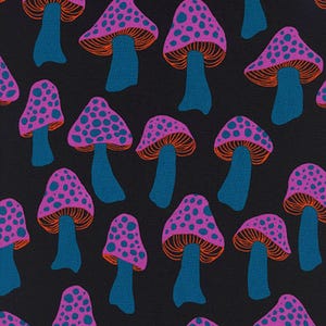 May include: A repeating pattern of stylized mushrooms on a black background. The mushroom caps are pink with blue spots, orange gills, and blue stems. This design is suitable for fabric or wallpaper.