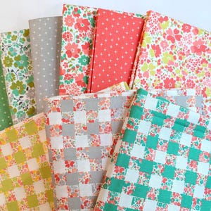 Könnte beinhalten: Eine Sammlung farbenfroher Stoffstücke mit floralen und geometrischen Mustern. Die Stoffe weisen verschiedene Farben auf, darunter Grün, Rosa, Rot und Grau. Einige Stoffe haben ein Kreuzmuster, andere ein gewebtes Schachbrettmuster.