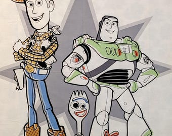 Toy Story 1 yard Panel, Woody, Buzz Lightyear, Forky,  Pixar Licensed quilt cotton fabric