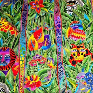 May include: A vivid jungle illustration with a variety of animals and dense foliage. The artwork showcases a giraffe, a lion, a leopard, and a toucan, all depicted in bright, striking colours. The background is filled with green leaves and flowers.