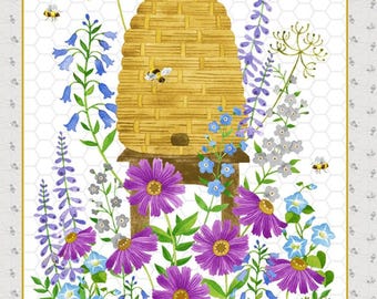Buzzy Bee panel by Jane Alison for Henry Glass - quilt cotton fabric  23X42"