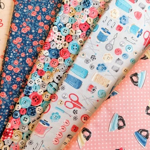 Sewing fabric &#39;A Stitch in Time&#39; by Makower quilt cotton - 5 fat quarters from collecton - irons, scissors,notions are featured