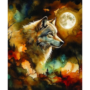 Puede incluir: Pintura a la acuarela de un lobo de perfil, sobre un fondo de luna llena y un paisaje abstracto colorido. El pelaje del lobo está detallado con tonos de gris y beige, y el fondo presenta tonos cálidos de naranja, amarillo y marrón.