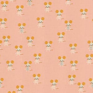 May include: A repeating pattern of cartoon mice on a pale pink background. Each mouse has large yellow ears, a white body with a checkered pattern, and a small grey square. The mice are holding a thin, brown stick.