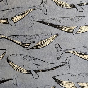 Puede incluir: Patrón repetitivo de ballenas en color azul claro. Las ballenas están dibujadas en un estilo simple e ilustrativo con contornos negros y detalles blancos en sus vientres. Las colas también son negras con acentos blancos.