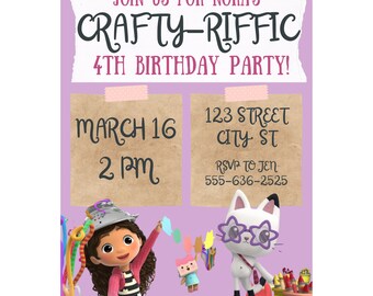 Crafty-riffic Birthday Party Invitation - Gabby Dollhouse - Baby Box Cat - Editable Template
