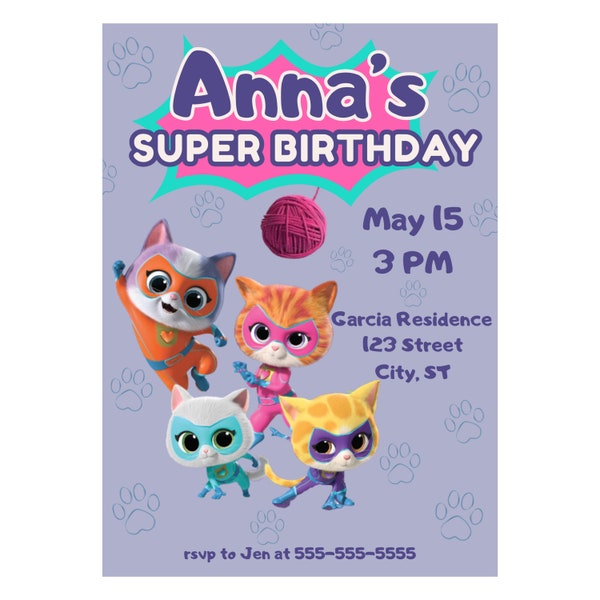 Super Birthday Kitties Invitation - Sparks - Ginny - Bitsy - Buddy - Customize Template