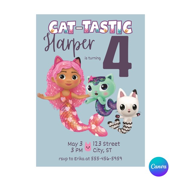 Cat-tastic Gabby Dollhouse Theme Birthday Party Invitation