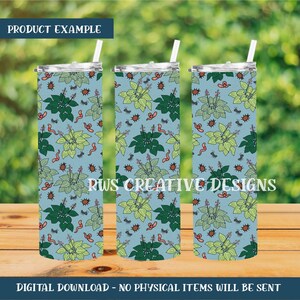 Peut inclure: Trois gobelets en acier inoxydable avec couvercles et pailles. Les gobelets présentent un fond bleu clair avec un motif répété de plantes vertes et jaunes, de vers rouges et d'insectes bruns. Le texte "RWS CREATIVE DESIGNS" est imprimé sur les gobelets.