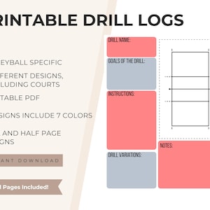 May include: Printable drill logs for volleyball, featuring a clean design with pink and gray blocks for drill details. Includes a volleyball court diagram and the text "Printable Drill Logs". The logs are volleyball-specific and come in multiple designs.
