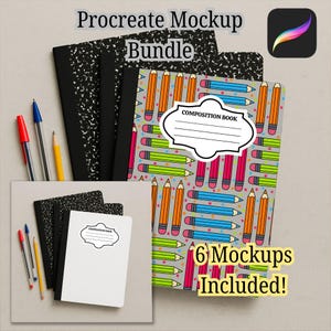 May include: A collection of composition notebooks and pencils, with the text "Procreate Mockup Bundle" and "6 Mockups Included!". The notebooks have black and white speckled and pencil-themed covers. Pens and pencils are scattered around the notebooks.