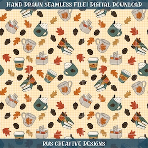 Fall Bookish Coffee Seamless Pattern PNG| Hand Drawn | Instant Download | For Digital Papers Vinyl Fabric Surface Design |  12x12 | 300 DPI
