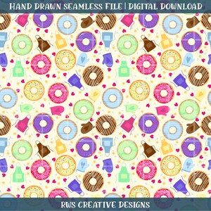May include: A seamless pattern featuring colorful donuts with sprinkles, aprons, oven mitts, and hearts on a cream background. The design includes donuts with pink, purple, green, yellow, and chocolate frosting, perfect for baking-themed projects.