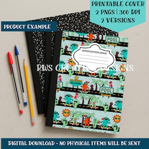 Könnte beinhalten: Ein Notizbuch mit türkisblauem Einband mit Cartoon-Figuren, die Skateboard fahren, Palmen und Kakteen. Der Einband enthält den Text "COMPOSITION BOOK" und "POOL". Das Bild zeigt auch Stifte, Bleistifte und andere Notizbücher.