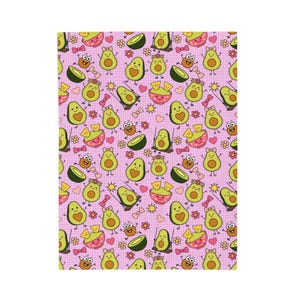 Cute Avocado Girl Velveteen Plush Blanket | Pink Kawaii Guacamole Theme with Hearts, Flowers, Smiles | Cozy Kids Throw Blanket | 3 Sizes
