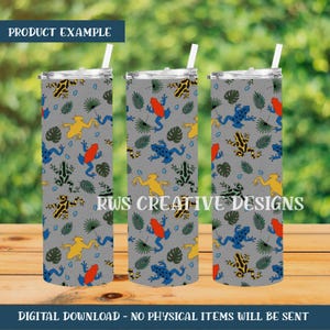 May include: Three stainless steel tumblers with a gray background and a colorful frog pattern. The frogs are yellow, blue, red, and black, with green leaves. Each tumbler has a white straw and the text "RWS CREATIVE DESIGNS". The top of the image reads "PRODUCT EXAMPLE".