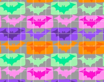 Könnte beinhalten: Ein digitaler Download mit einem sich wiederholenden Muster von Fledermäusen in verschiedenen Farben, darunter Grün, Rosa, Lila und Orange, vor einem grauen Hintergrund. Der Text "HAND DRAWN SEAMLESS FILE | DIGITAL DOWNLOAD" und "RWS CREATIVE DESIGNS" sind sichtbar.