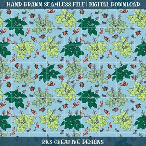 May include: A seamless pattern featuring stylized green and yellow plants, brown bugs, pink worms, and black ants on a light blue grid background. The text "HAND DRAWN SEAMLESS FILE | DIGITAL DOWNLOAD" is at the top, and "RWS CREATIVE DESIGNS" is at the bottom.