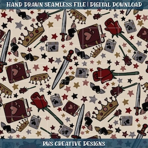 May include: A digital download featuring a seamless pattern with fantasy elements. The design includes crowns, roses, swords, books, and winged hearts in shades of red, brown, and gold, scattered on a beige background with stars. The text "HAND DRAWN SEAMLESS FILE | DIGITAL DOWNLOAD" is at the top.