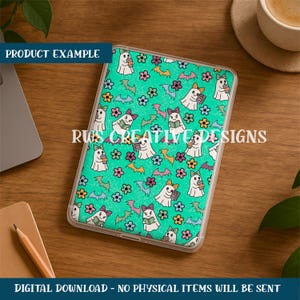 May include: A tablet case featuring a playful design of white ghost characters, flowers, and bats on a teal backdrop. The case has a clear border and the text "RWS CREATIVE DESIGNS". The words "PRODUCT EXAMPLE" and "DIGITAL DOWNLOAD - NO PHYSICAL ITEMS WILL BE SENT" are also visible.