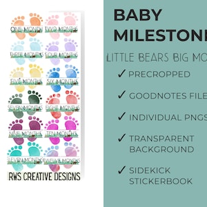 May include: A set of 12 baby footprint stickers for a baby milestone chart. Each sticker features a watercolour footprint with a different colour and the month of the baby's age. The stickers are pre-cropped and come in a Goodnotes file, individual PNGs, and with a transparent background. The stickers are also compatible with the Sidekick stickerbook.