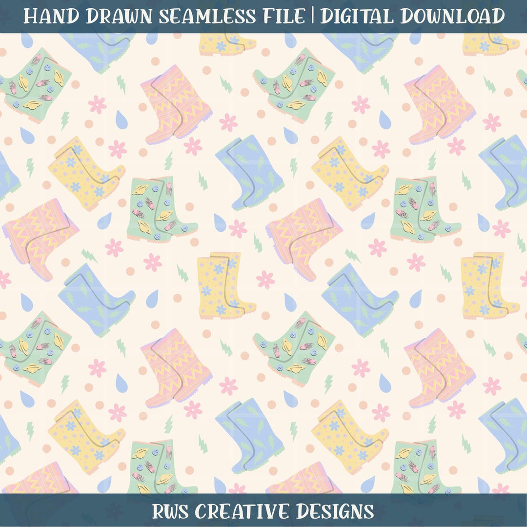 Pastel Spring Rain Boots | Hand Drawn Seamless File | Instant Download ...
