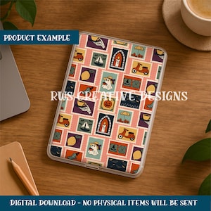 May include: A clear tablet case featuring a repeating pattern of vintage-style stamps with Halloween-themed illustrations. The stamps include images of ghosts, pumpkins, scooters, and candles. The text "PRODUCT EXAMPLE" and "RWS CREATIVE DESIGNS" are visible.