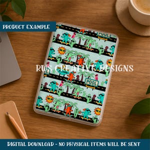 May include: A clear tablet case featuring a repeating pattern of cartoon alligators, dogs, and cacti skateboarding on a road. The design includes suns, palm trees, and the words "POOL" and "WELCOME". The text "RUS CREATIVE DESIGNS" is also visible.