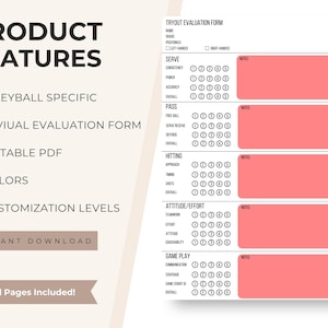 Op de afbeelding: Een afdrukbaar volleybal evaluatieformulier met secties voor service, pass, slag, houding en spel. Het formulier bevat een beoordelingsschaal en ruimte voor notities. Kenmerken zijn 7 kleuren en 3 aanpassingsniveaus.