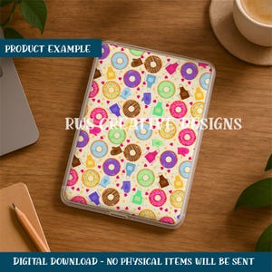 May include: A tablet case with a repeating pattern of colorful donuts, oven mitts, aprons, and hearts on a cream background. The text "PRODUCT EXAMPLE" is visible at the top left. The text "RWS CREATIVE DESIGNS" is visible in the middle. The text "DIGITAL DOWNLOAD - NO PHYSICAL ITEMS WILL BE SENT" is visible at the bottom.