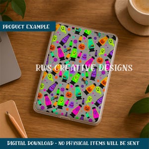 May include: A tablet case with a gray background and a repeating pattern of Halloween-themed graphics, including lava lamps, ghosts, pumpkins, and candies. The text "RWS CREATIVE DESIGNS" is displayed on the case. The text "PRODUCT EXAMPLE" and "DIGITAL DOWNLOAD - NO PHYSICAL ITEMS WILL BE SENT" are also visible.