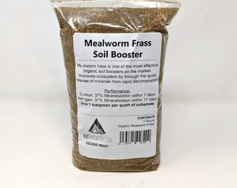 May include: A brown bag of organic mealworm frass soil booster. The bag is labeled with the product name, contents, and instructions for use. The label also includes the brand name, ezbotanicals, and the text "Exclusive Product".