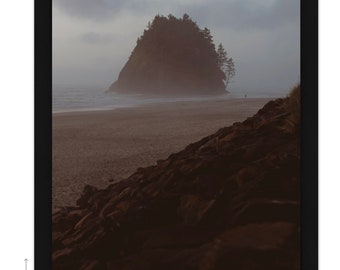 May include: A misty, moody landscape photograph featuring a rocky island with trees silhouetted against a cloudy sky. The island is surrounded by a sandy beach and the ocean. The image is framed in a black frame.