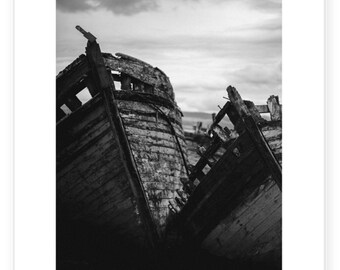 Shipwreck Black and White Fine Art Photography, Scotland Hebrides Ship Print, Rustic Abandoned Boat Portrait 8x10 11x14, Ship wreck art